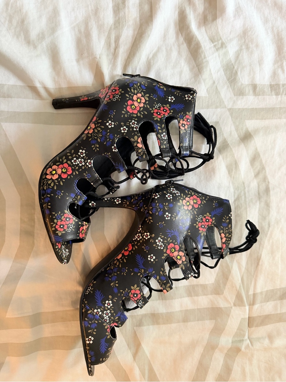 Nine West Black Lace-Up Floral High Heel Sandals with Pink & Blue Flowers